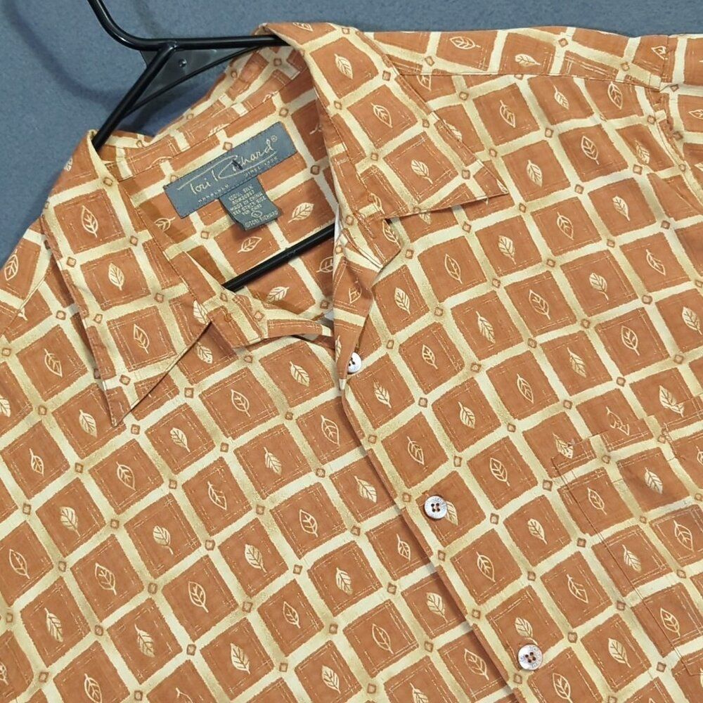 Tori Richard Shirt Men's L Orange Silk Hawaiian Leaves Print Short Sleeve
